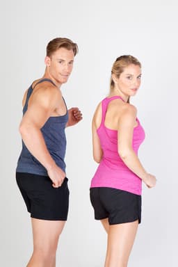 Athletic T-back singlets in navy and pink, paired with black shorts, feature a logo on the design.