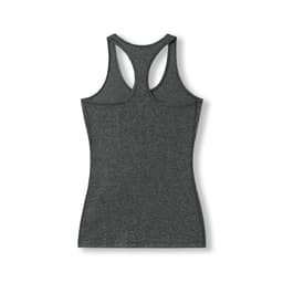 A dark grey athletic T-back singlet featuring a fitted design and a logo.