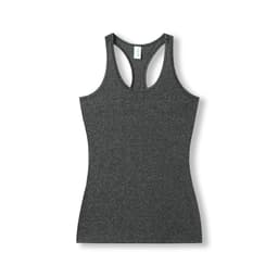 A women's athletic T-back singlet in dark grey with a fitted design and a logo on the label.