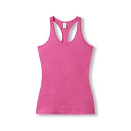 A pink athletic T-back singlet featuring a fitted design and a branded label.