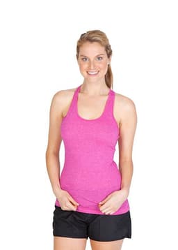 A pink women's athletic T-back singlet, featuring a fitted design and narrow straps. The product has a logo.