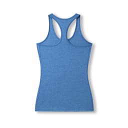 A blue women's athletic T-back singlet with a fitted design and a logo on the back.