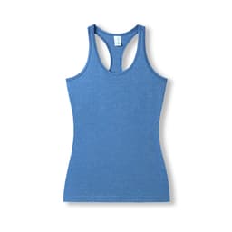 A blue women's athletic T-back singlet featuring a fitted design and a logo on the label.