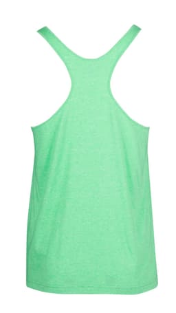 A green athletic T-back singlet with a plain design and a logo on the back.