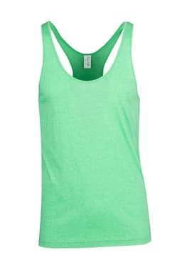 A green athletic T-back singlet featuring a simple design and a regular fit. It has a logo on the label.