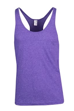 A purple athletic T-back singlet with a relaxed fit and a logo. Suitable for active wear.