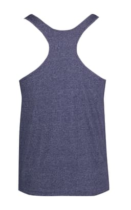 A navy blue athletic T-back singlet with a simple design and a logo on the back.