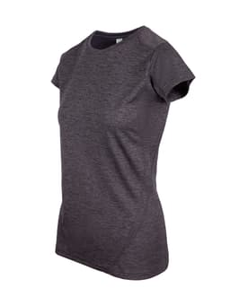 A women's short-sleeve T-shirt in dark grey, made of 100% polyester, featuring a logo on the front.