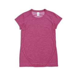 A women's T-shirt in a vibrant pink hue, made of 100% polyester, featuring short sleeves and a smooth design.
