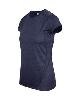 A navy women's T-shirt made of 100% polyester, featuring short sleeves and a fitted design. It includes a logo.