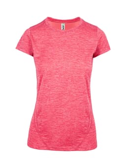 A pink women's T-shirt made of 100% polyester, featuring short sleeves and a fitted design. It includes a logo.