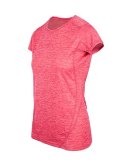 A pink women's short-sleeve T-shirt made from 100% polyester, featuring a logo.
