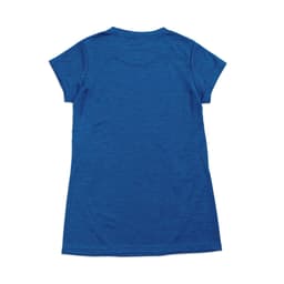 A blue women's T-shirt made of 100% polyester, featuring short sleeves and a simple design.