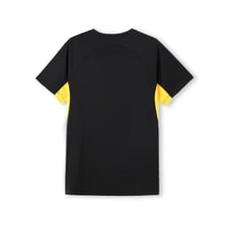 A black and yellow men's t-shirt featuring a logo, designed for cool and dry comfort.