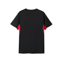 A black and red men's T-shirt with a smooth finish and a logo on the back.