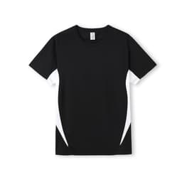 A black men's T-shirt with white side accents and a logo on the front. Suitable for active wear.