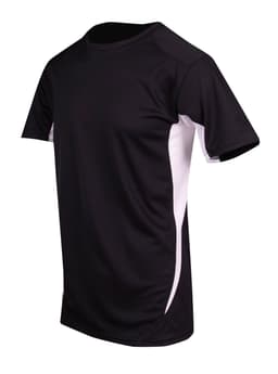 A black and white men's T-shirt with short sleeves, featuring a logo on the front. 