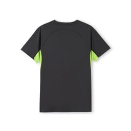 A dark grey T-shirt with bright green accents, featuring a logo on the back. Suitable for active wear.