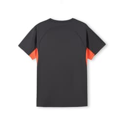 A men's T-shirt in dark grey with orange accents, featuring a smooth back design and a logo.