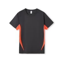 A men's short-sleeve T-shirt in black with orange accents, featuring a logo on the front.