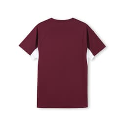 A maroon and white men's T-shirt featuring a logo, designed for cool, dry comfort.