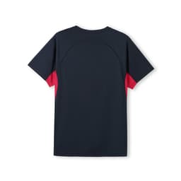 A navy and red men's t-shirt with a back design and a logo. Features short sleeves and a sporty look.