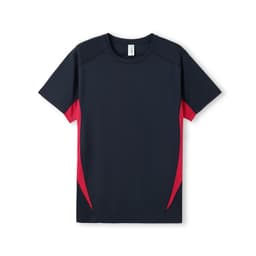 A navy blue T-shirt with red side accents and a logo, designed for men.