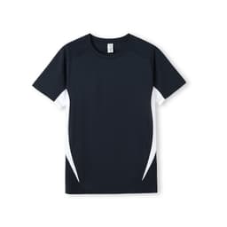 A navy blue men's t-shirt with short sleeves and contrasting white side panels, featuring a logo.