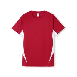 A red men's t-shirt featuring white side panels and a logo. The fabric appears smooth and lightweight.