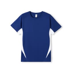 A navy blue men's t-shirt with short sleeves and white side accents, featuring a logo.