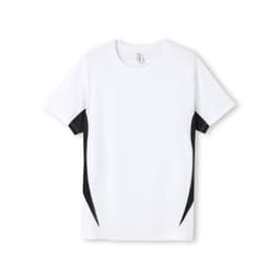 A white men's T-shirt with black side accents and a logo at the chest area. Made from cool-dry material.