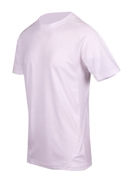 A white men's T-shirt with a smooth, cool dry fabric and a logo on the front.