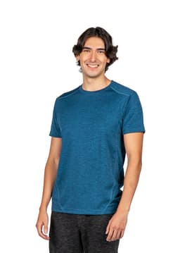 A blue unisex T-shirt made of 100% polyester, featuring short sleeves and a crew neck design.