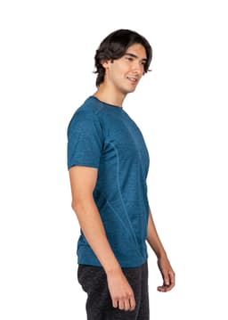 A blue unisex t-shirt made of 100% polyester, featuring a logo on the front.