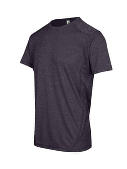 A dark grey, 100% polyester T-shirt with short sleeves and a logo on the design.