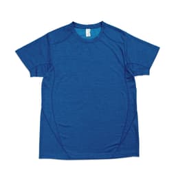 A blue polyester T-shirt with a sporty design and decorative seams. It features a logo on the label.
