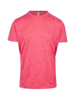 A red unisex polyester T-shirt with a classic crew neckline and short sleeves, featuring a logo.