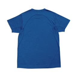 A unisex, short-sleeved T-shirt in blue, made of 100% polyester, featuring a logo on the back.