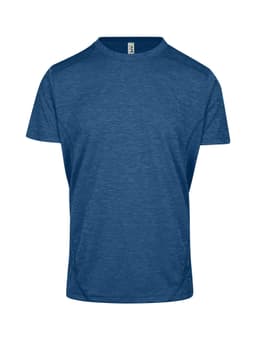 A blue unisex T-shirt made from 100% polyester, featuring a logo on the label.