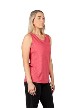 A red women's singlet made from 100% polyester, featuring a fitted design and a logo on the front.