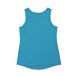 A turquoise women's singlet made of 100% polyester, featuring a rounded hem and a tag for branding.