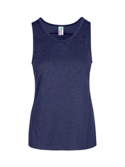 A women's navy polyester singlet featuring a round neckline and a brand logo on the label.