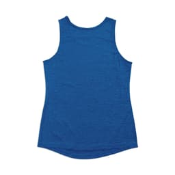 A blue women's singlet made from 100% polyester, featuring a plain back and a rounded hemline.