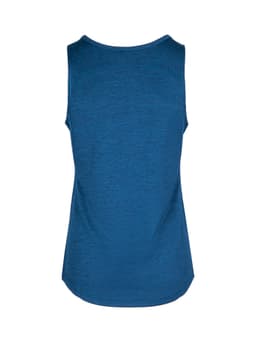 A blue women's singlet with a smooth texture and a round neckline, featuring a logo on the back.