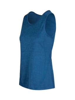 A women's singlet in a deep blue colour, made of 100% polyester, featuring a relaxed fit and no sleeves.