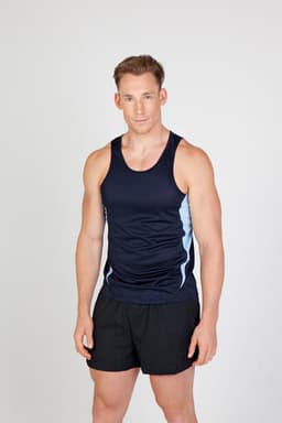 A navy blue men's singlet with light blue accents, featuring a logo on the front, worn by a model.