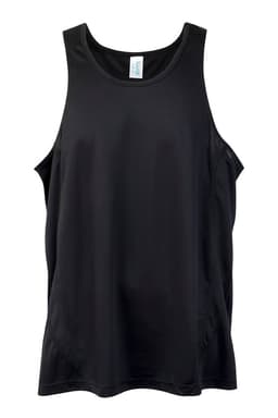A black men's singlet made from cool dry fabric, featuring a loose fit and a logo on the top.
