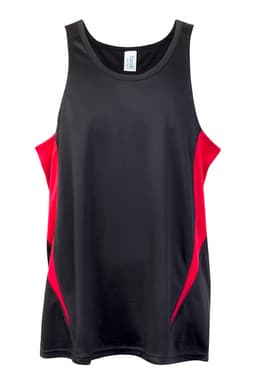 A black and red singlet featuring a sporty design and a logo on the front.