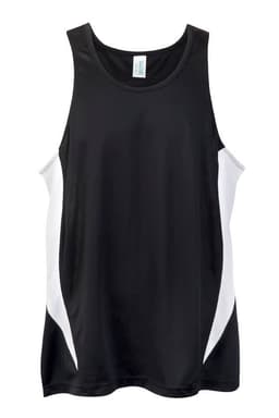 A black singlet with white accents, featuring a logo on the front and designed for cool, dry comfort.