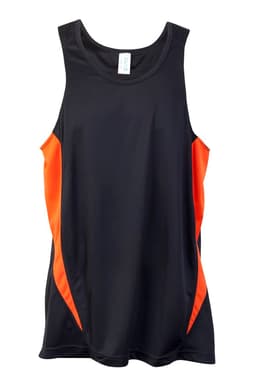 A black singlet with orange accents, featuring a logo on the front. Suitable for men's activewear.